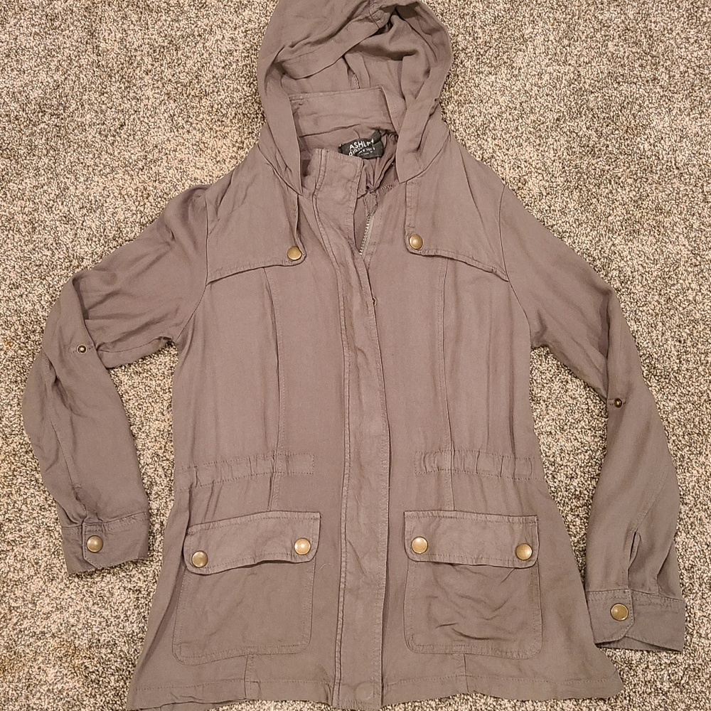 Ashley by 26 International Olive Army Green Zip-Up Shacket Utility Jacket